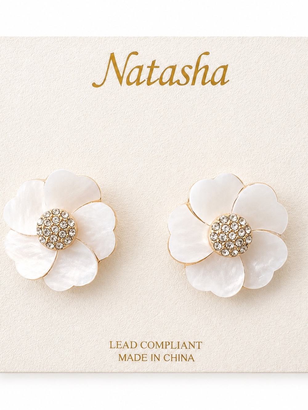 Natasha Couture Gold-Trim White Floral Stud Earrings with Crystal Center